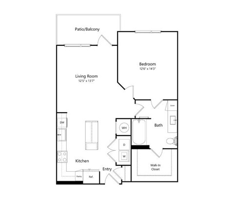 Floor plan for 1 bed, 1 bath, 806 sqft